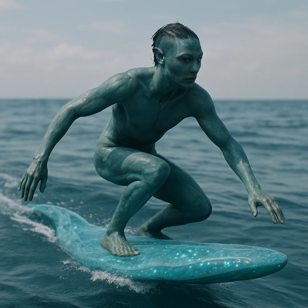 透明な生体サーフボードに乗る若いヒューマノイドのサーファーが、青く広大な海の上を滑走している様子の実写風写真。