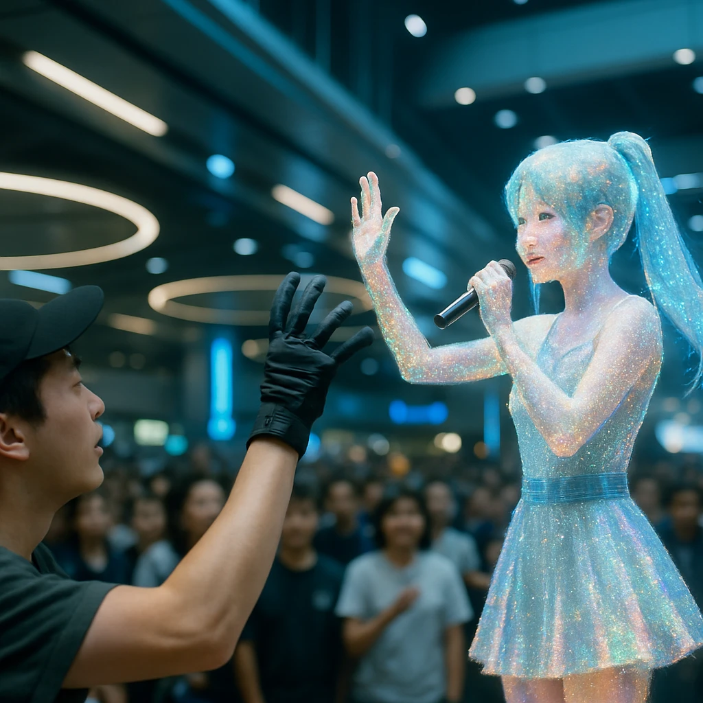 衛星都市の会場で炭素触媒グローブを装着したファンがホログラムで現れたアイドルと握手体験をしている様子。