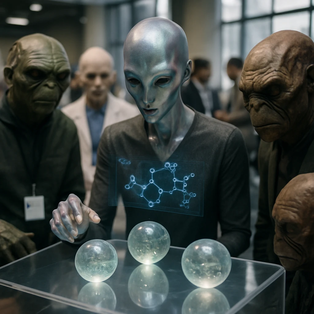 未来的な会議室で異種族の研究者たちが透明なテーブル上の極小バイオセンサーと空中のホログラムを真剣に見つめている様子。