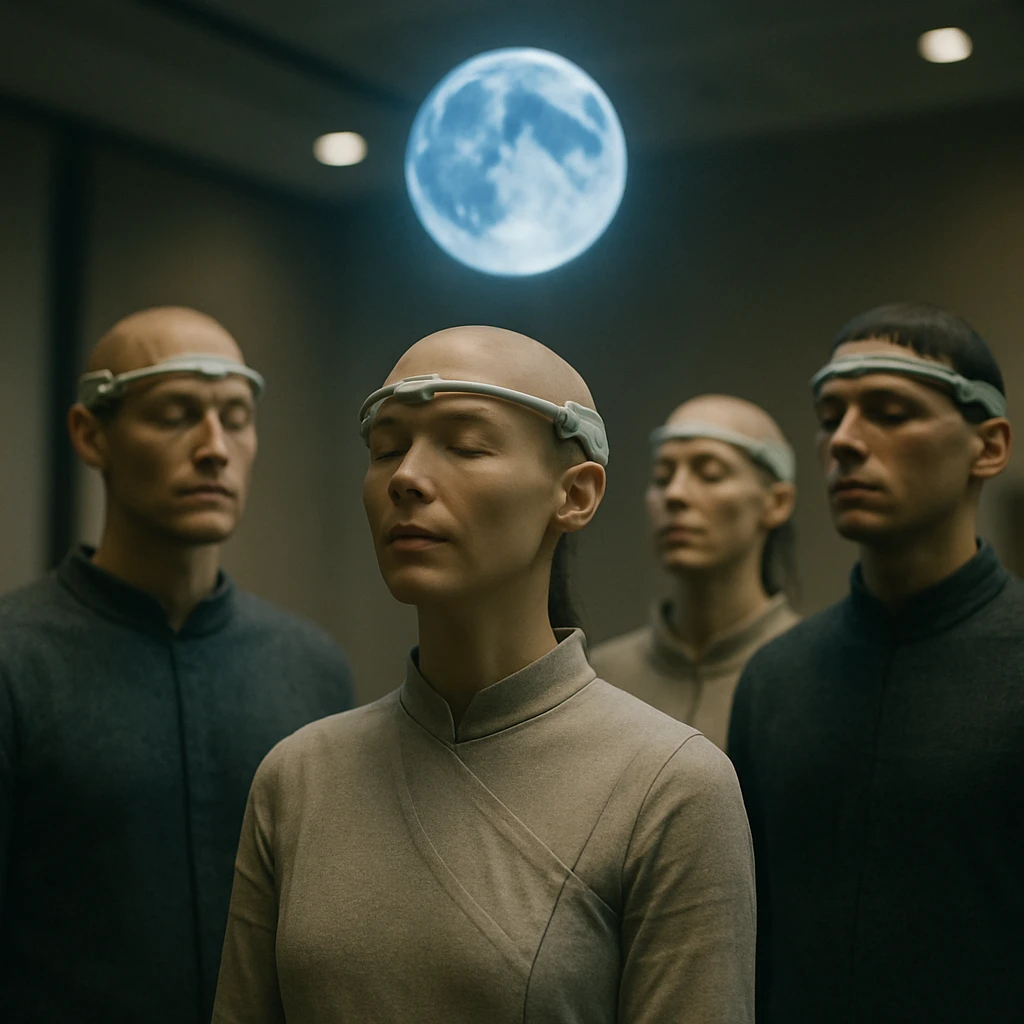 未来的な装いの人物たちが神秘的な月のホログラムの下でヘッドセットを装着し静かに立つ様子の実写風写真。