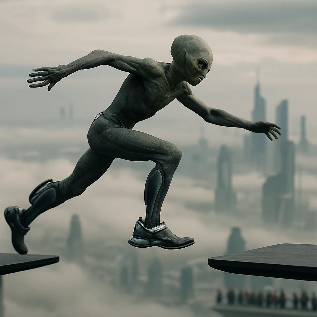 浮遊都市の高層で重力補助装置付きの異星人アスリートが空中をジャンプしている姿のリアルな写真。