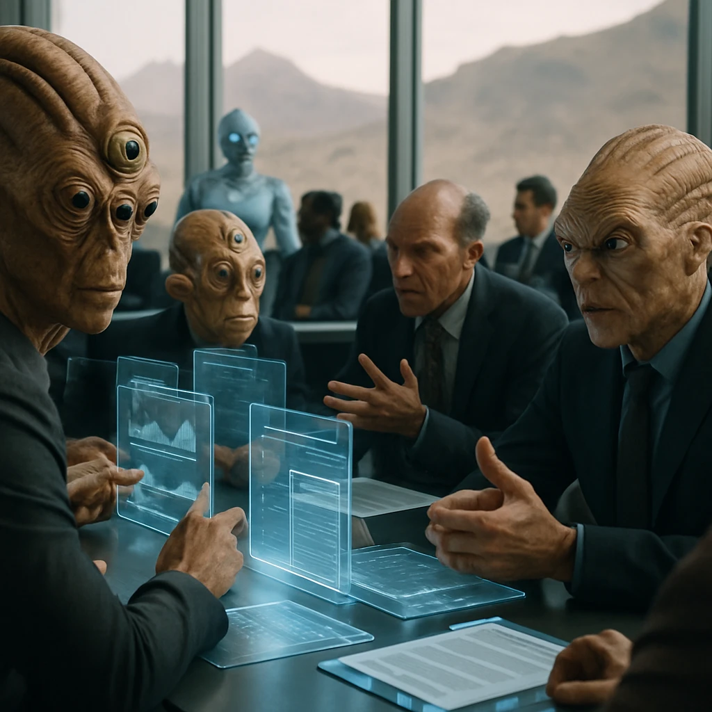 未来的な株主総会で多様な人型種族とAIホログラムがデジタル会議テーブルを囲んで協議している様子。