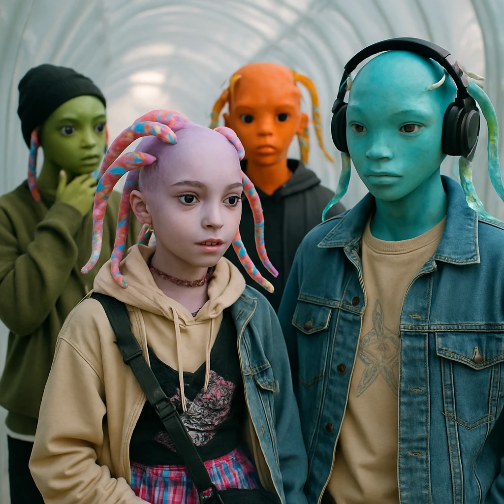 未来的な透明な回廊の中、個性的な色彩の肌と触手を持つ若いグラクサン人たちが流行的なファッションで自由に自己表現している様子の写真。