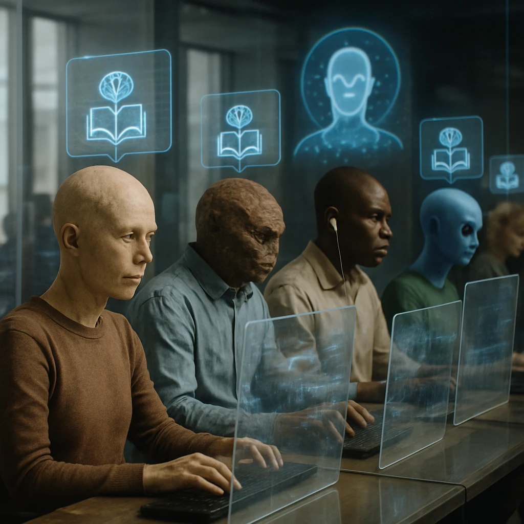 AIホログラム越しにデジタルワークスペースで学習や適性取引に向き合う多様なヒューマノイドたちの実写風写真。