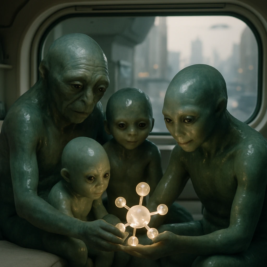 未来的なカプセル型住居で、複数世代の半液状のエイリアン家族が光る分子装置のまわりに集まり交流している写真。