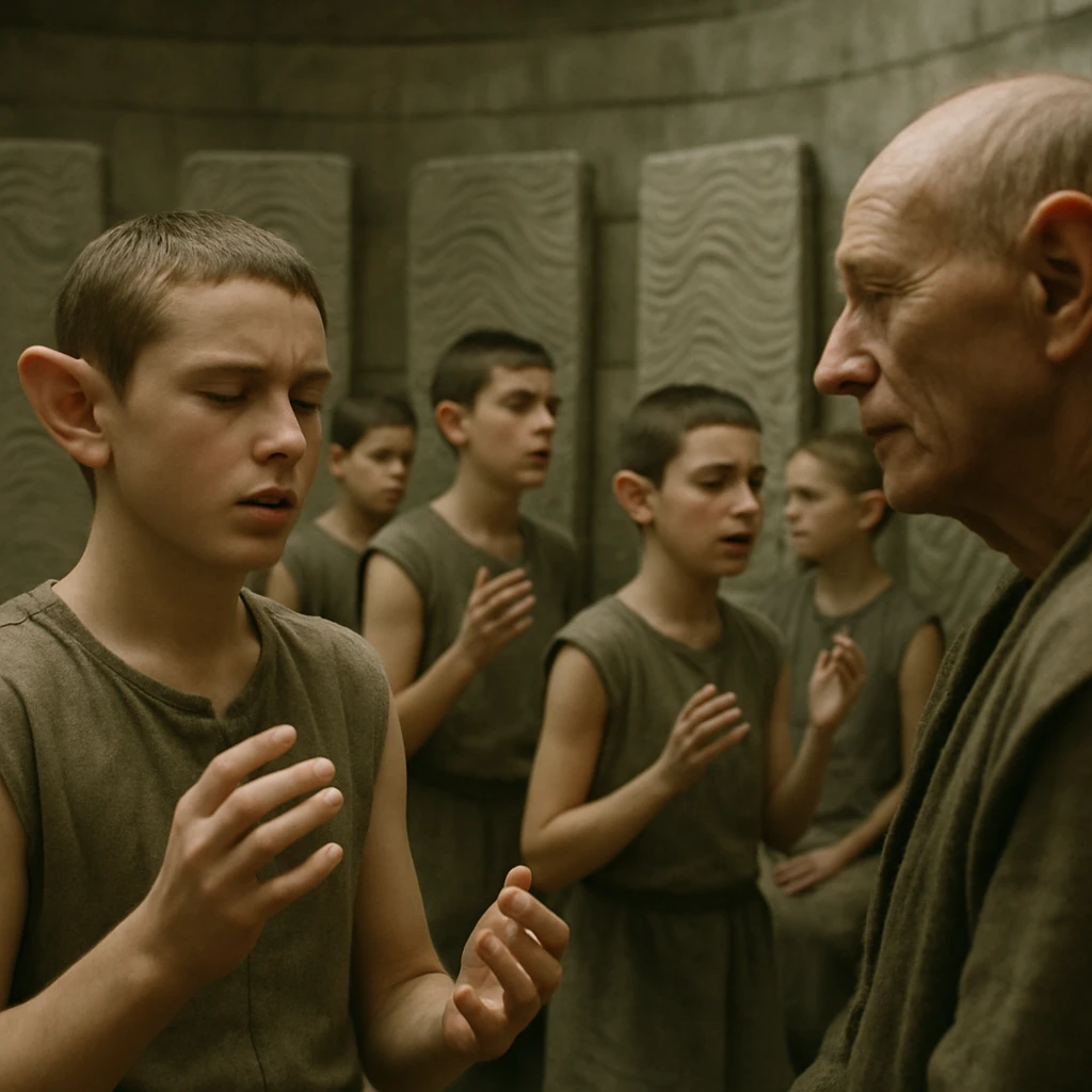 特徴的な耳を持つ幼生耳族の若者たちが円形の会議空間で音を紡ぎ、長老が耳を傾ける光景。