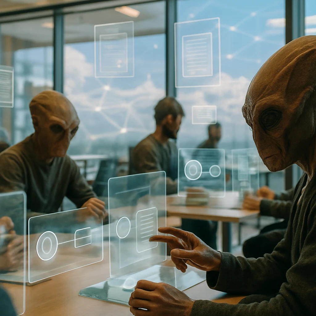 近未来的なコワーキングスペースで複数のザクタール人が透明なホログラム端末を操作し、背景には雲が広がる明るいネットワーク空間が窓越しに見える光景。