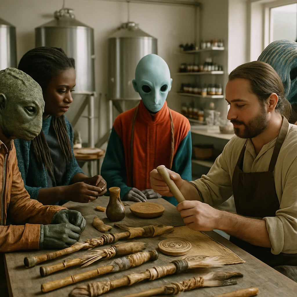 異星人や地球人を含む多種族の旅行者たちが、日差しの差し込む工房で伝統的な祭具作りを体験している様子。