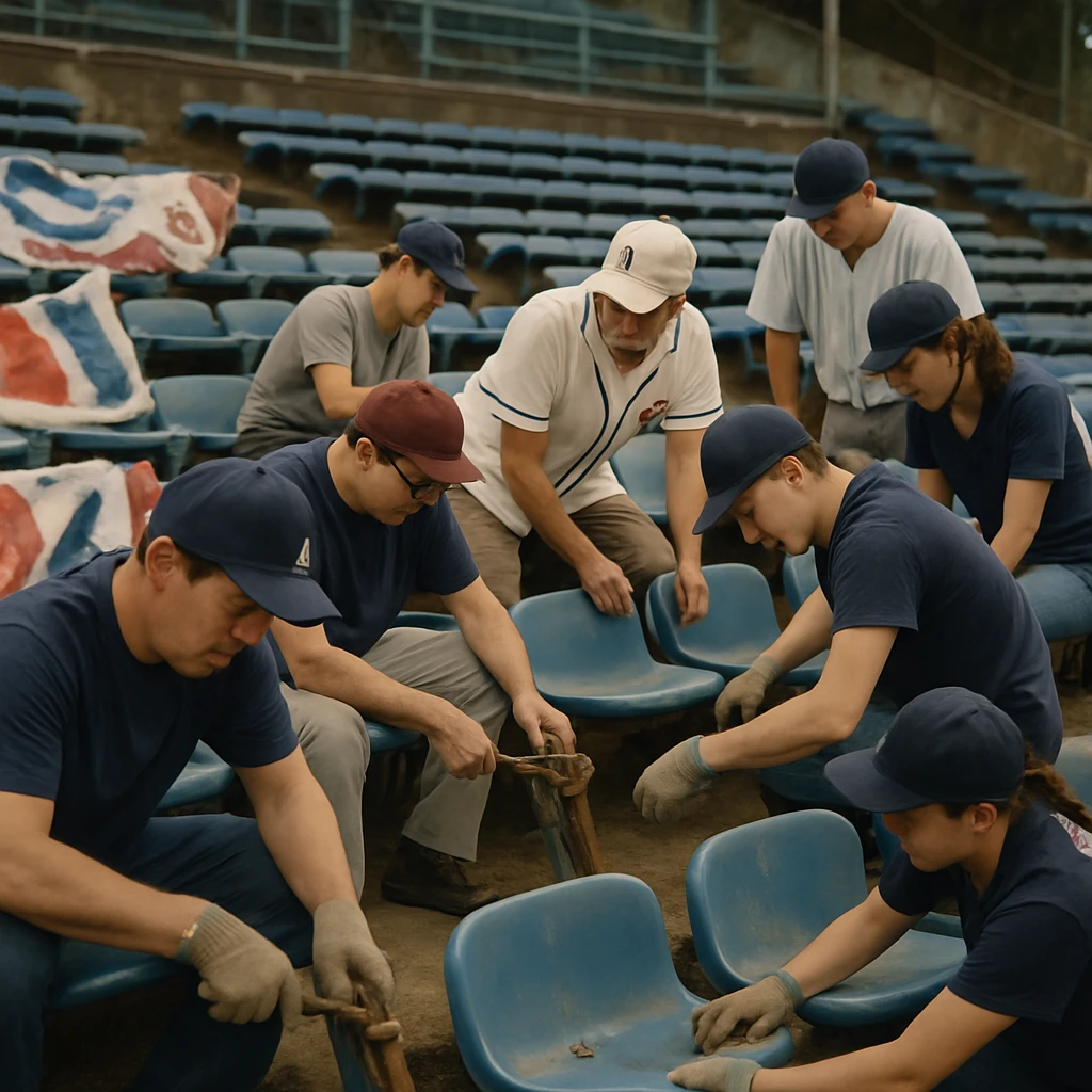 古びたスタジアムで地元ファンと球団スタッフが一緒に座席を修理している様子の写真。