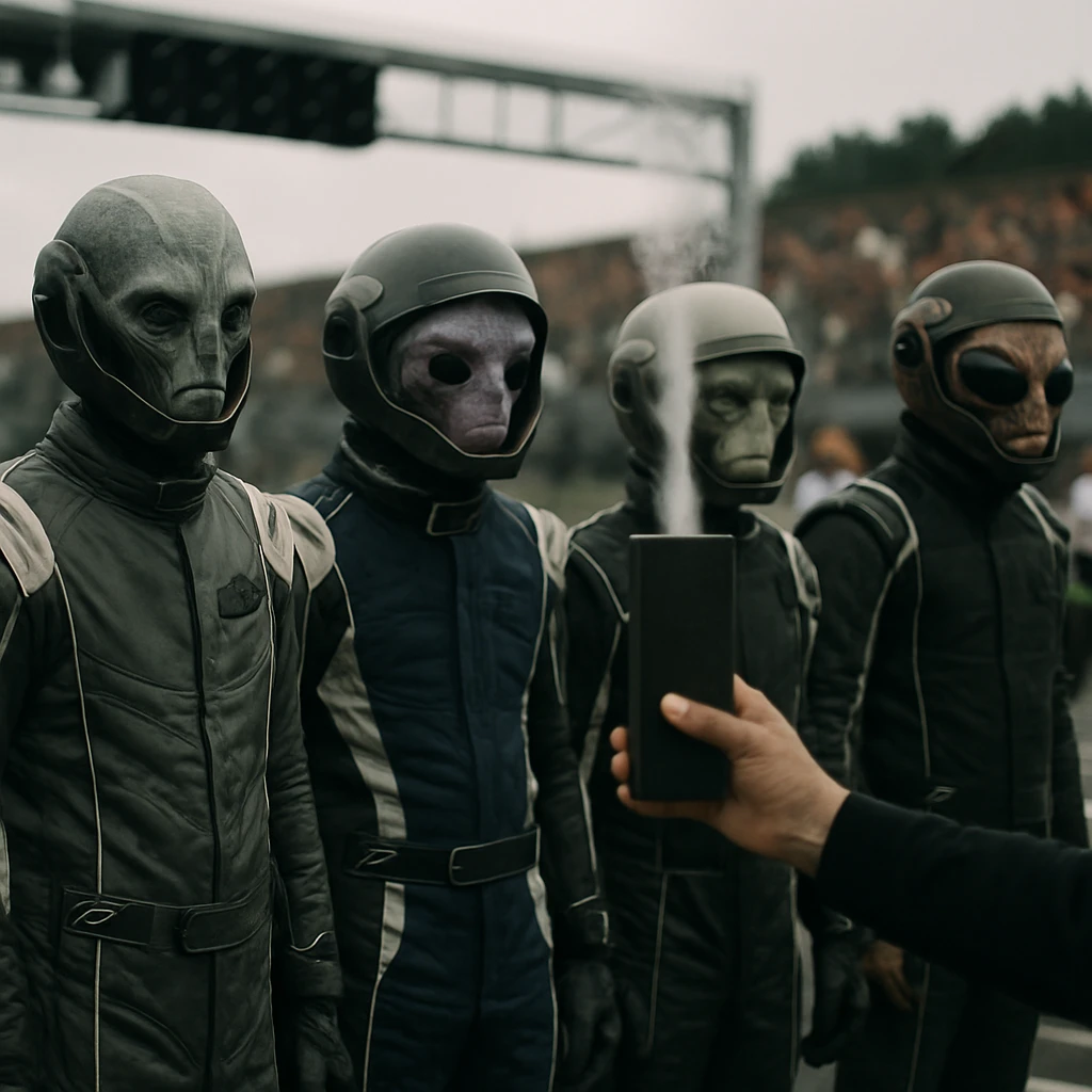 未来的なサーキットのスタートグリッドで、多様なエイリアンのドライバーたちが特殊ヘルメットとレーシングスーツ姿で並び、従来のフラッグの代わりに何かの装置から微かな蒸気や光が漂っている様子。