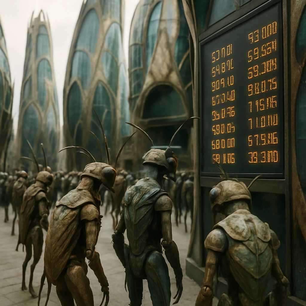 昆虫型の異星人たちが屋外のデジタル為替掲示板を不安げに見つめるゼリダクス星の金融街の写真。