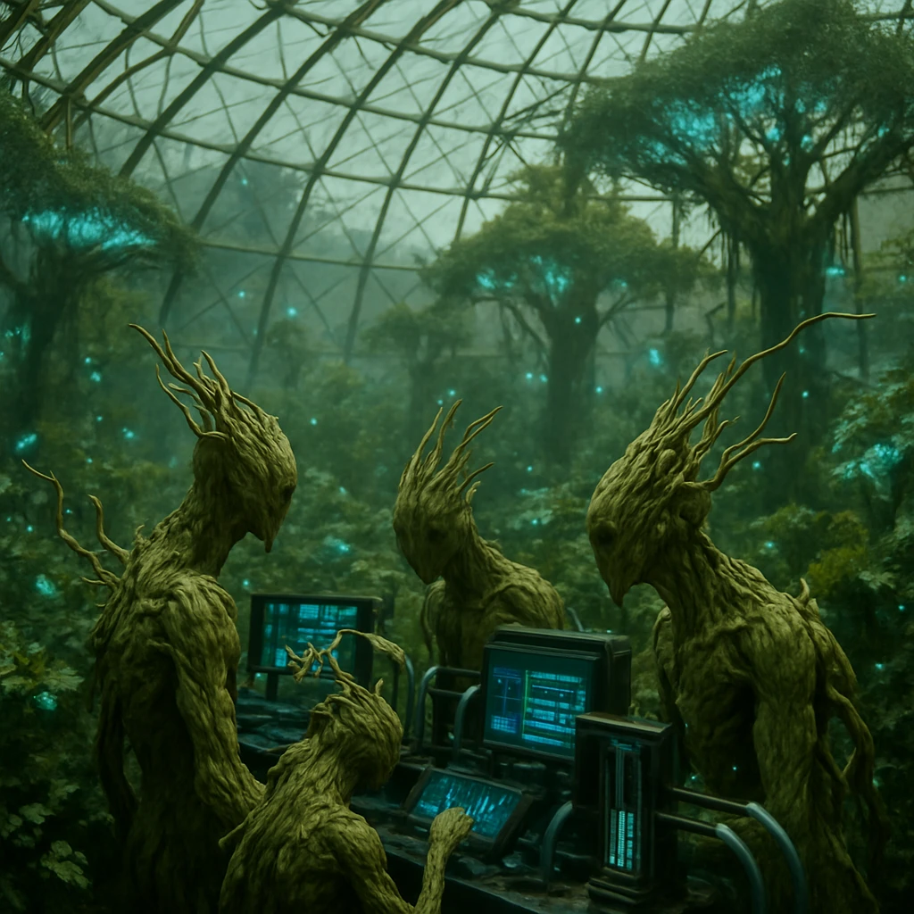 透明な巨大球体内で植物型生命体が先端装置を操作している様子の写真。