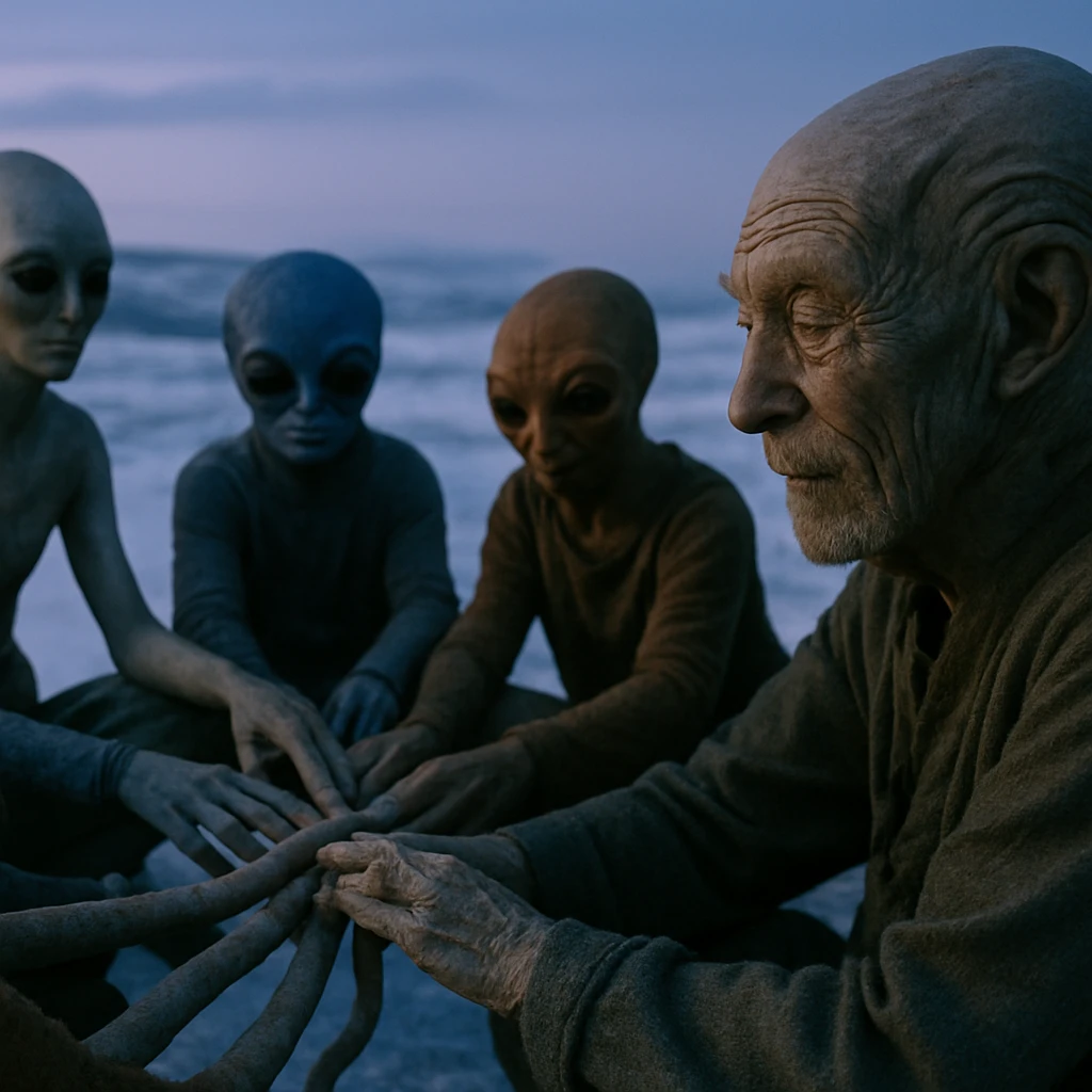 氷で覆われた惑星の夕暮れ、円になって触手をつなぐ異種族の住民たちが儀式を行っている写真。