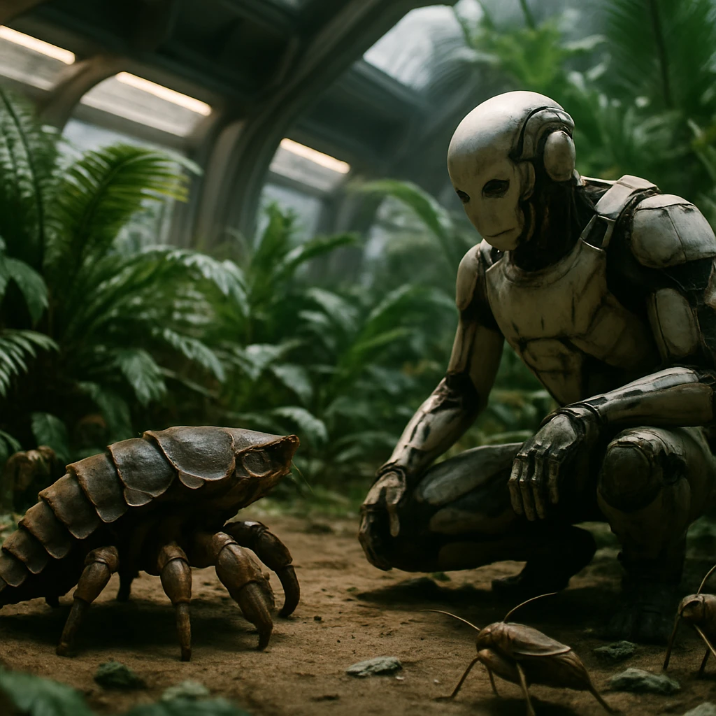 異星の室内環境で、甲殻類型のペットと人間型ロボットが向かい合い、昆虫や植物に囲まれている様子の写真。