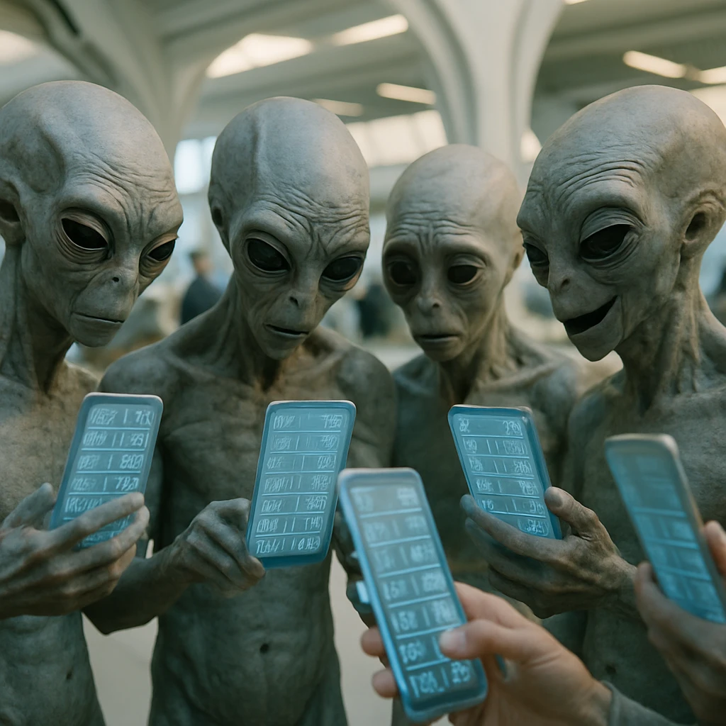 未来的な空間で複数のズウェオン族がホログラム端末の発送通知を見比べている様子の写真。