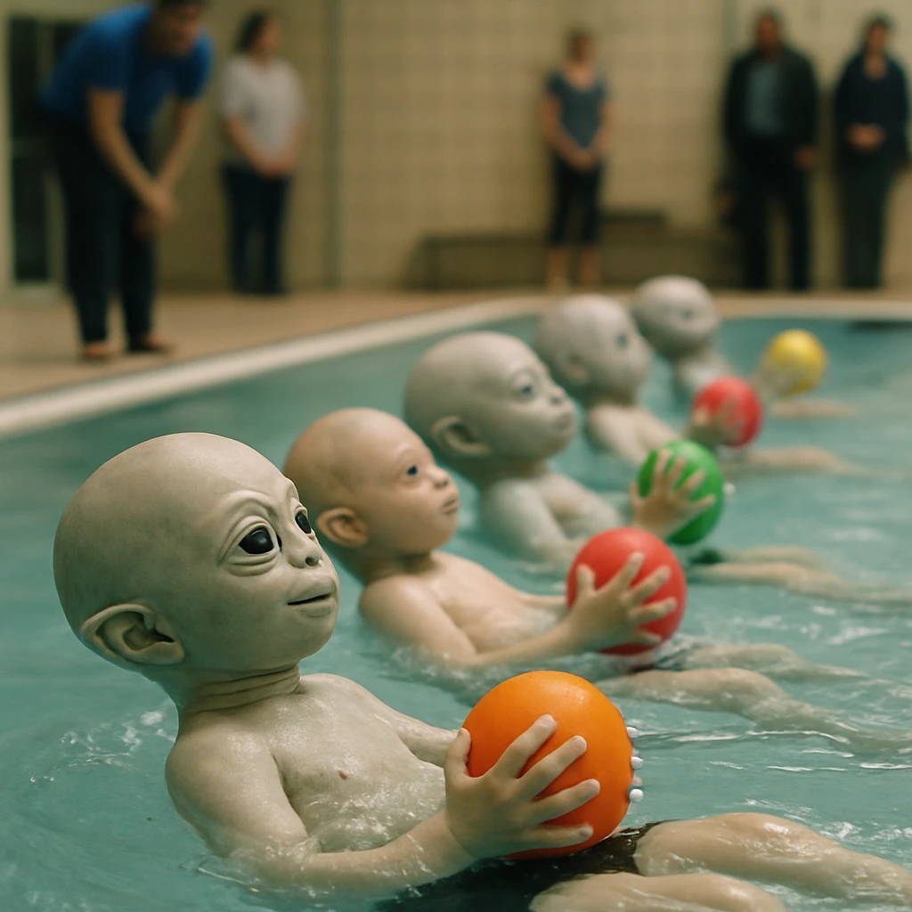 クアロス星の幼児がカラフルなゴムボールを持ってプールで逆方向に泳ぐ様子のリアルな写真。