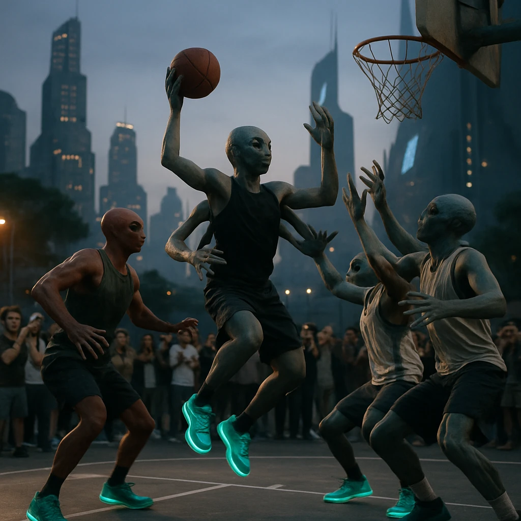 多腕の異星人プレイヤーたちが光るスニーカーとともに近未来都市の路上でバスケットボールを競う様子。