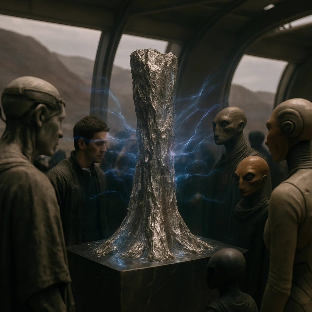 異星の展示会場で多種族の来場者たちが金属樹皮の彫刻を囲み、脳波センサーやホログラムをまとって鑑賞している様子のリアルな写真。