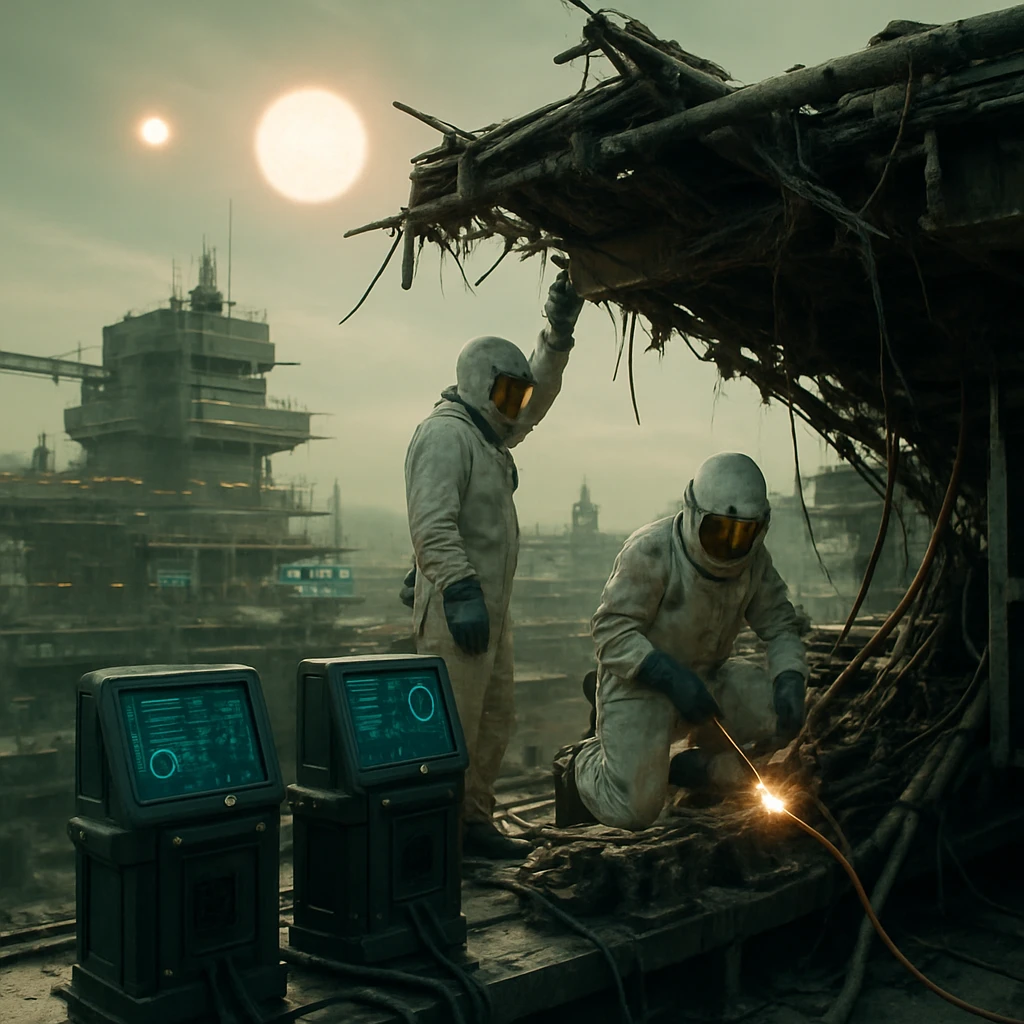 緑色の惑星上に広がる多層都市の上層部で、防護服姿の作業員たちが損傷したインフラを修理している様子の実写風写真。