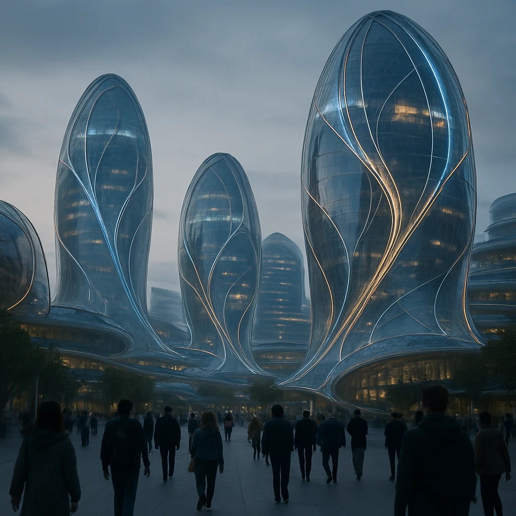 夕暮れ時、発光する糸状の太陽エネルギーフィラメントが建物外殻を編み込む近未来都市の群像写真。