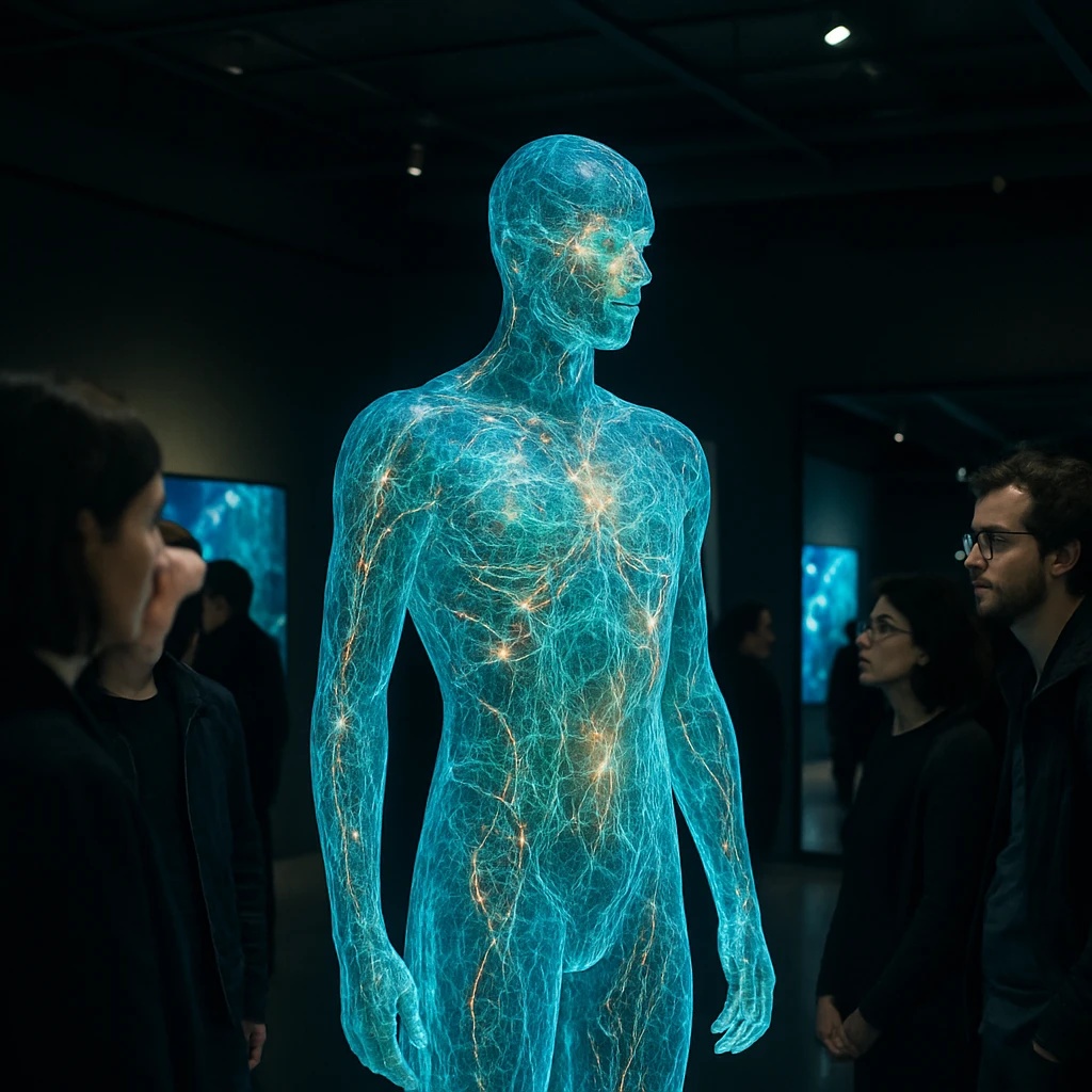 暗い未来的なギャラリーで、光と神経模様でできた透明なAIアバター彫像を人々が観覧している様子。