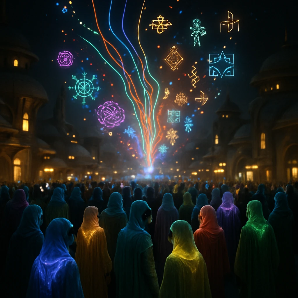 発光する縫い目のような光の糸や記号が夜空に浮かび、光るローブを身に着けた異星人たちが広場で見上げているお祭り風景の実写風写真。