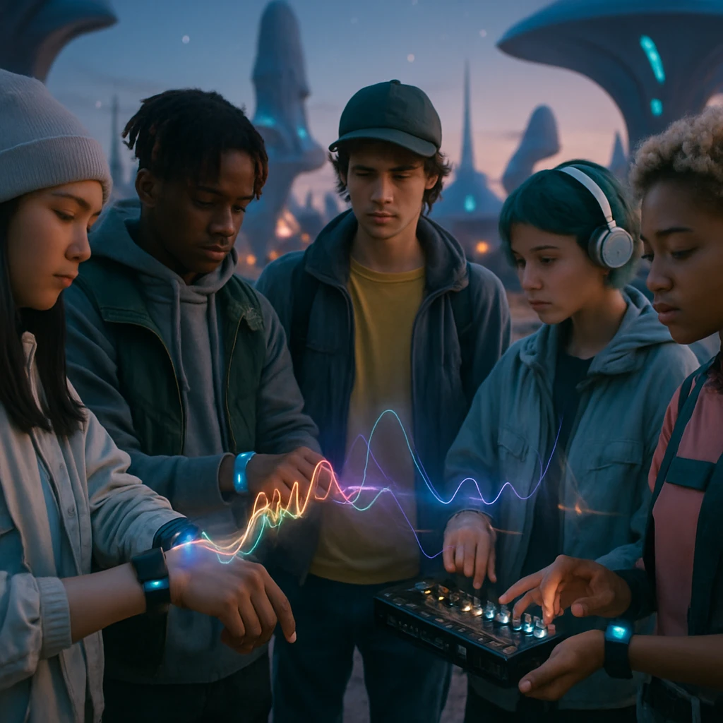 ツヴァジン星の広場でバイオインターフェースを装着した若者たちが集い、発光する仮想サウンド波とともに交流する様子のリアルな写真。