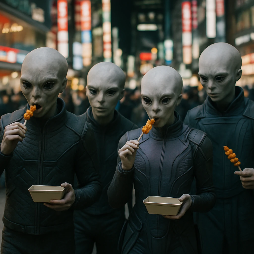 未来的な衣装を着た異星人がネオンが輝く都市広場で日本風B級グルメを食べ歩いている様子の写真。