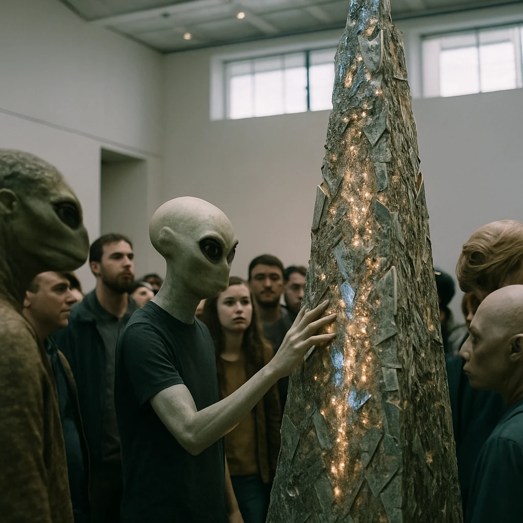 未来的な美術会場で異種族の観客たちが、金属片や発光素材から成る高いオベリスク状のアート作品を眺めたり触れたりしている様子の写真。