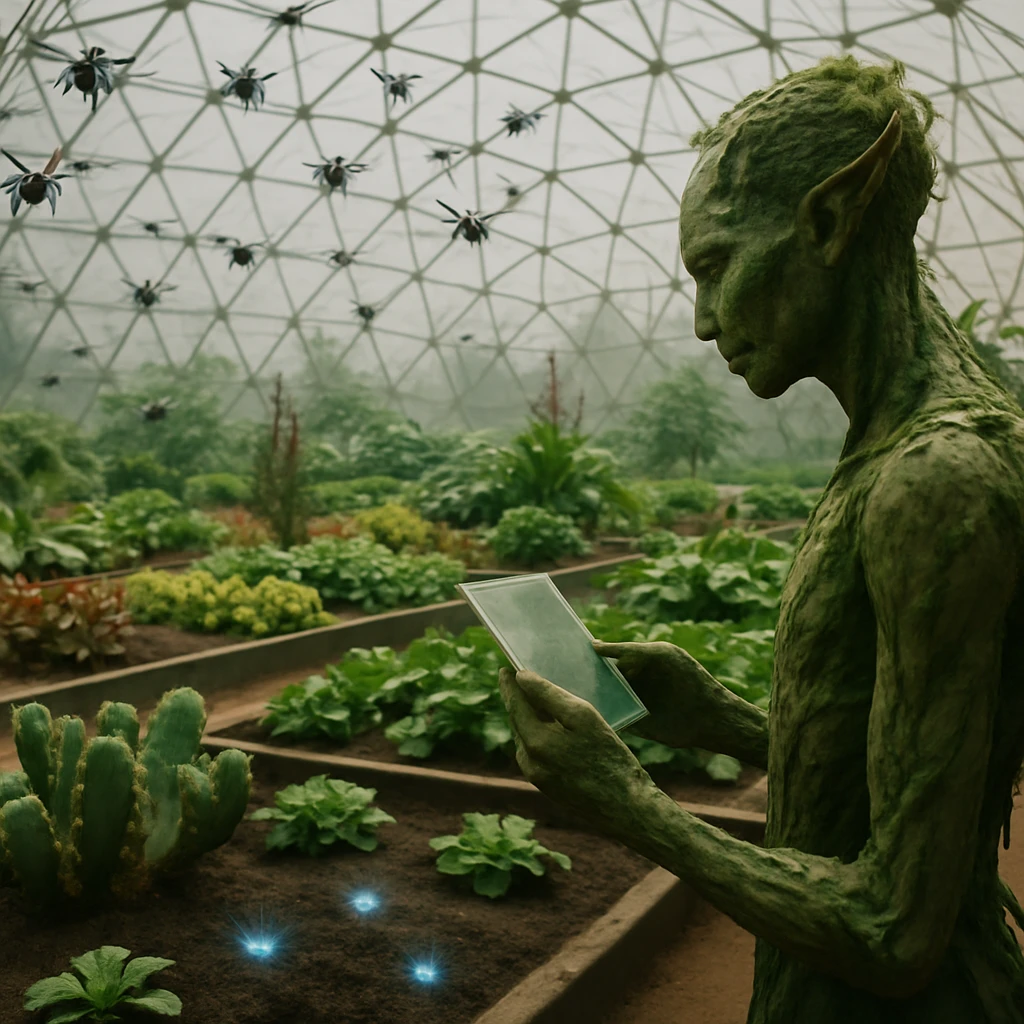 巨大な球状温室内部で無数の小型ドローンが作物の上空を飛び交い、植物型研究者が透明な端末でデータを監視している様子。