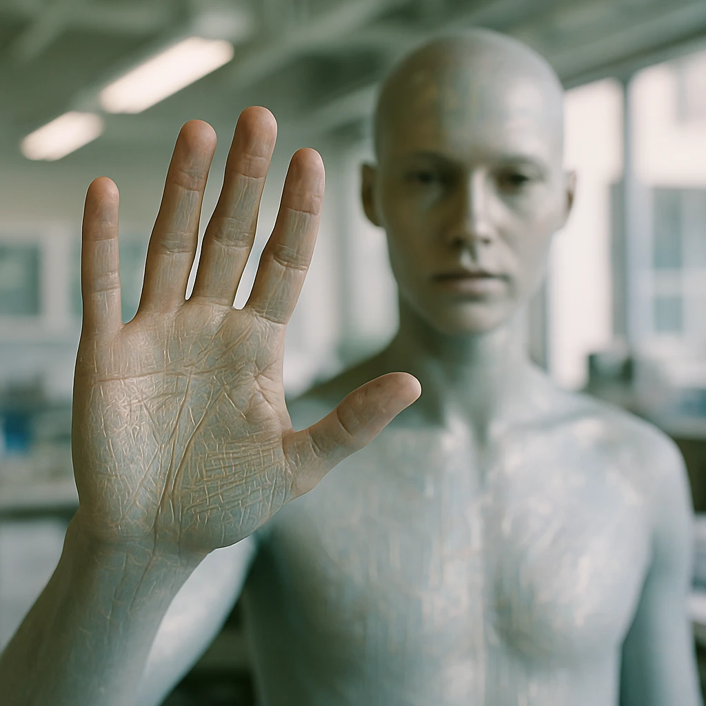 未来的な研究所で、皮膚に微細な回路や光沢が浮かぶヒューマノイドが手のひらを見せている実写風写真。