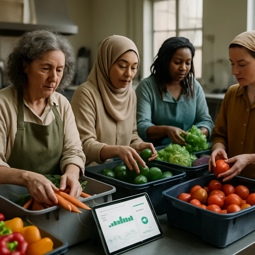 伝統衣装を着た多様な人々が大型容器で余剰食材を仕分け、分配している明るい共同キッチンの様子。