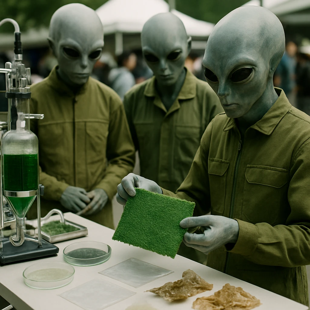 異星人の科学者たちが藻類由来のバイオ織物サンプルをテーブルで披露している場面の写真。