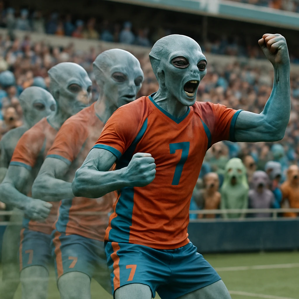 フィールドで歓喜するスポーツユニフォーム姿の異星人選手と、その周囲に半透明な分身体が複数現れ、観客席には驚く表情の多様な異星人が見える光景。