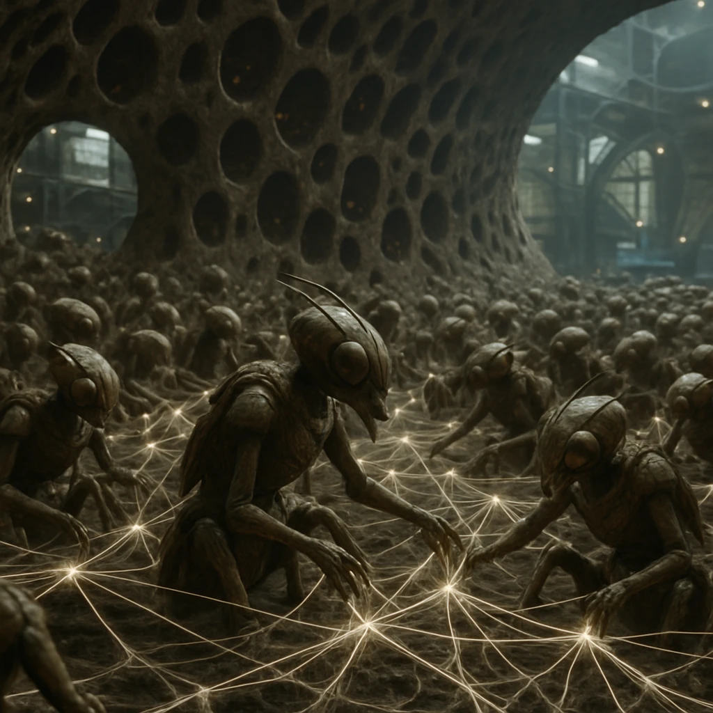 巨大なハイブ構造内部で無数の知的昆虫体がネットワーク状の発光する導線に協調して働く様子のリアルな写真。