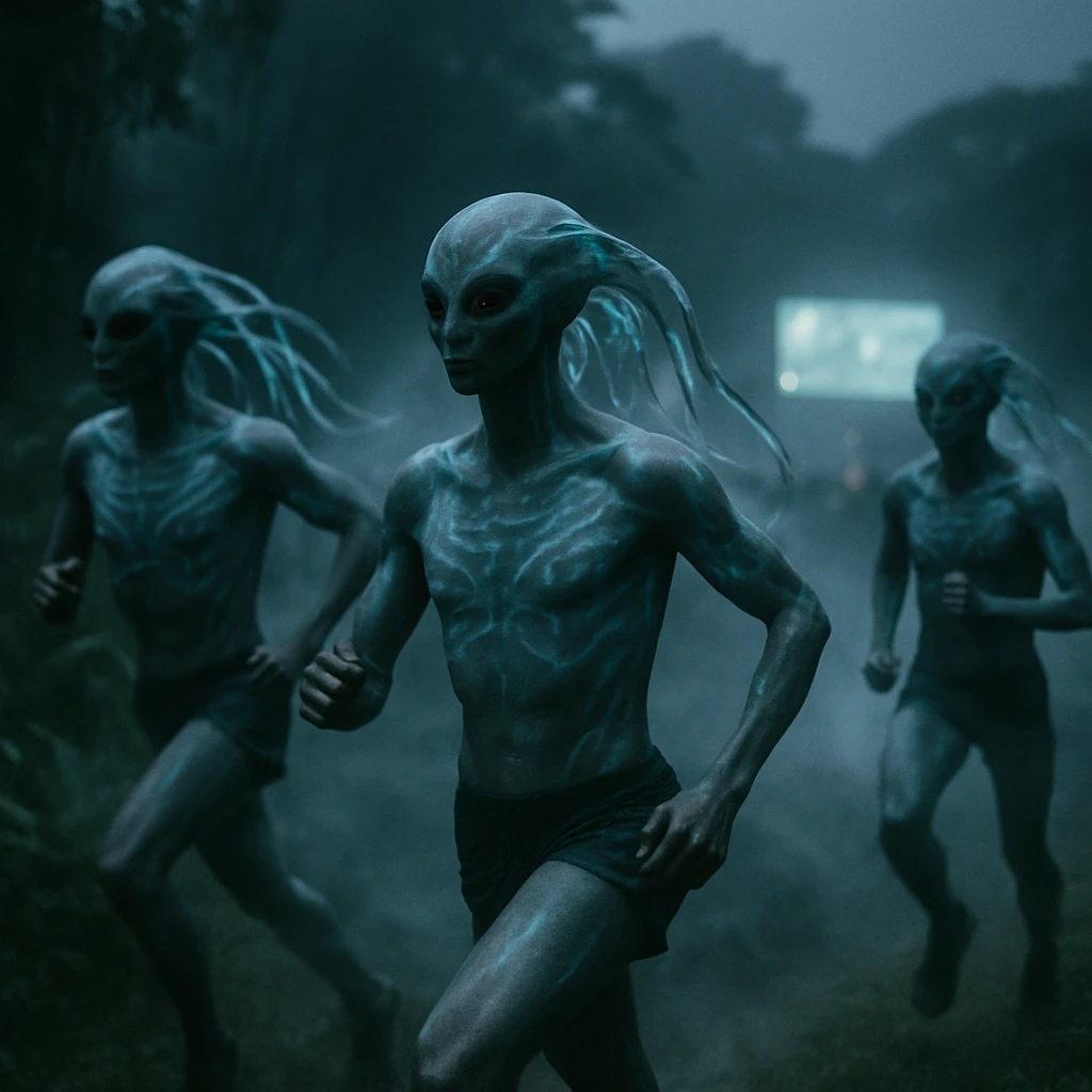 霧が立ちこめる夜のコースで、発光する触腕を持つ異星人ランナーたちが走っている写真。