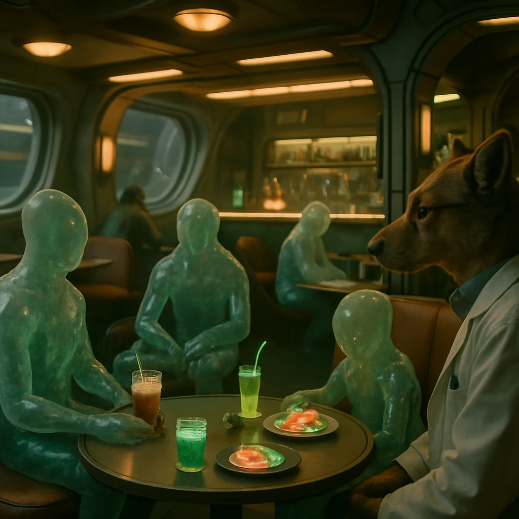 軌道コロニーのレトロな喫茶店で水素型生命体と研究者が飲み物を楽しんでいる様子のリアルな写真。