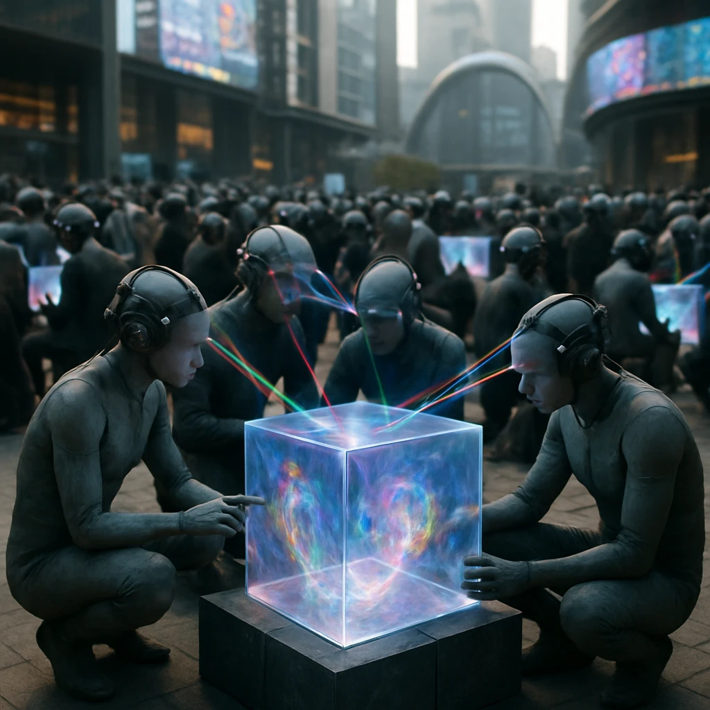 ゾランティスの近未来的な都市広場で、神経インターフェース装置を装着したアルゴノイドたちが光るデジタルアートキューブを囲み、リアルタイムにアートを共有し合う様子の写真。