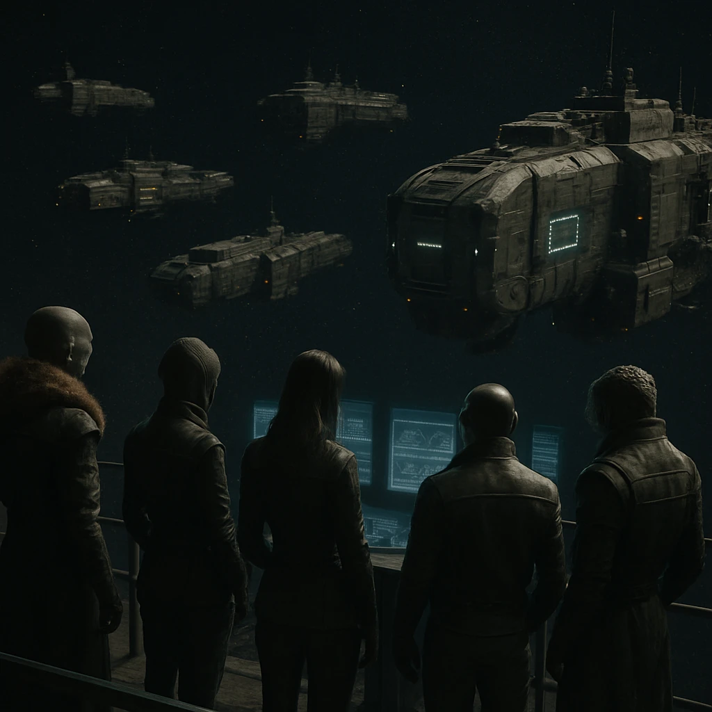 宇宙空間で連なる先進的な艦隊を見下ろす観測デッキに集う多様な種族の乗組員たちの写真。