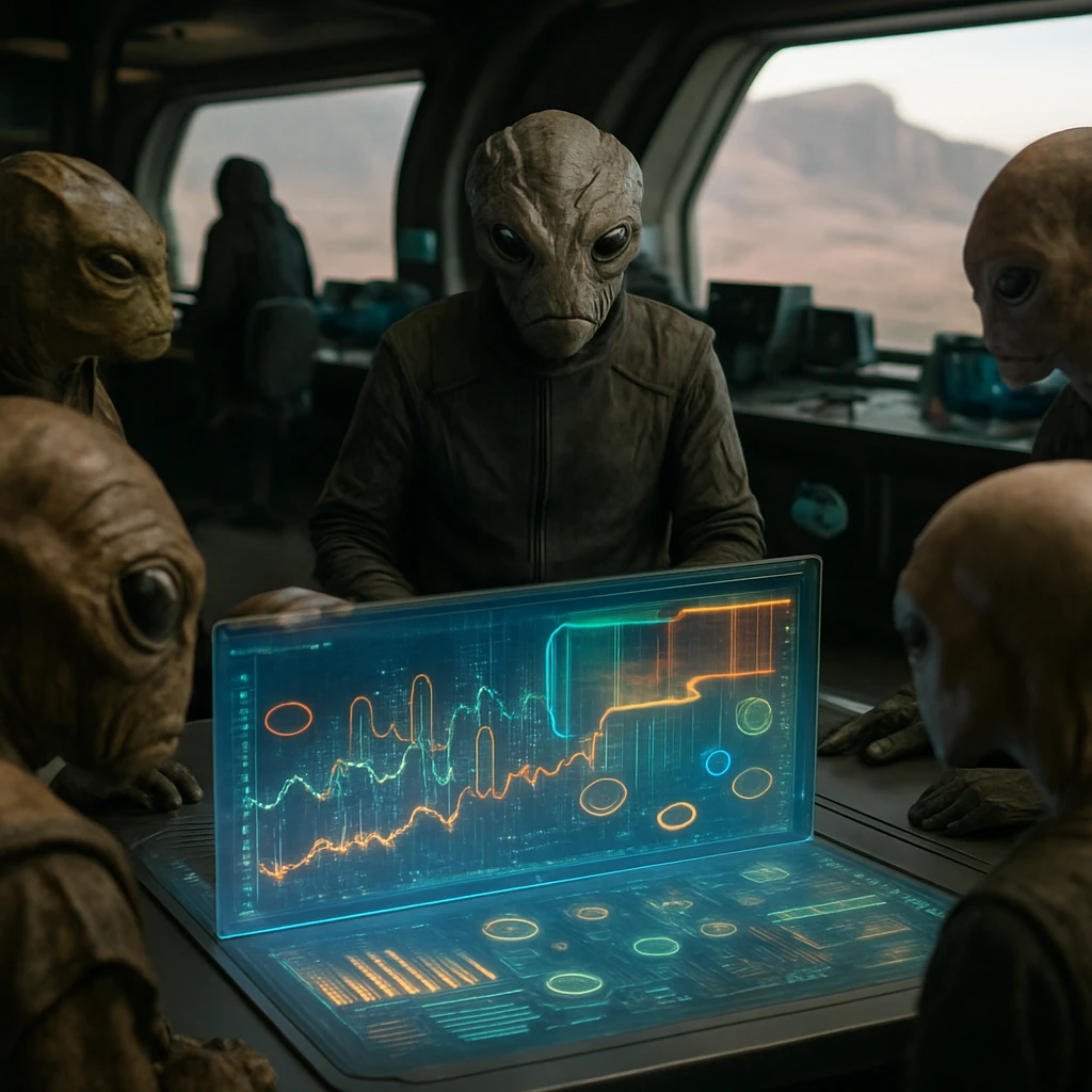 クリザク星の先進的な制御室で、多様な有機知的体がホログラムテーブルを囲みDAOの乱数承認を見守る様子