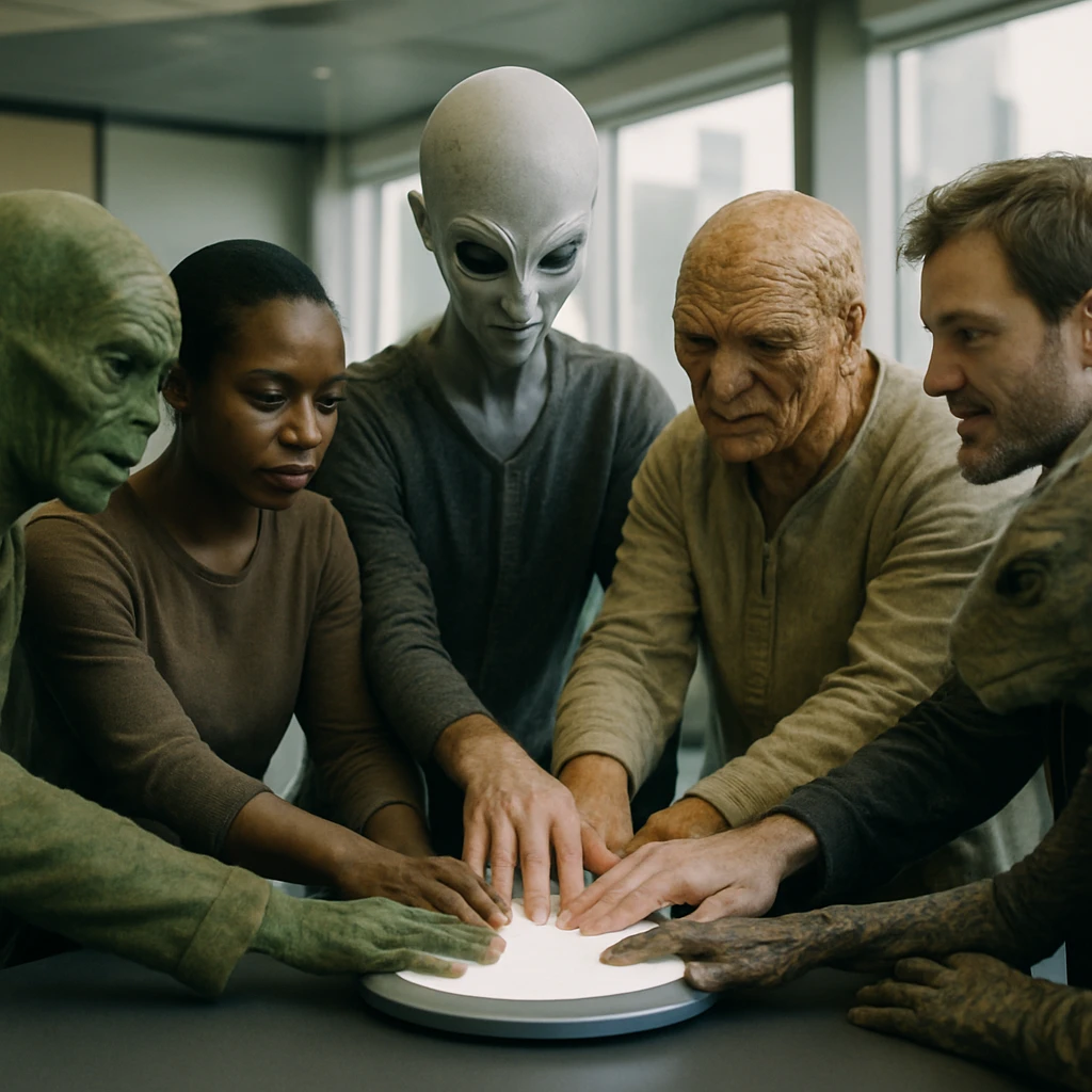 多様な種族の評議員たちが未来的な会議室で中心に設置された発光デバイスに手を伸ばしながら交流している様子。