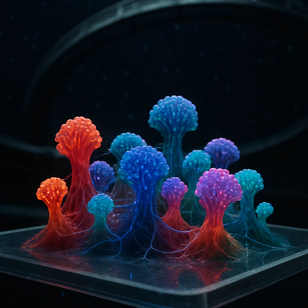 透明なプラットフォーム上に集まり微かに発光するサンゴ状の異星生命体が宇宙ステーション内で群体を形成している様子。