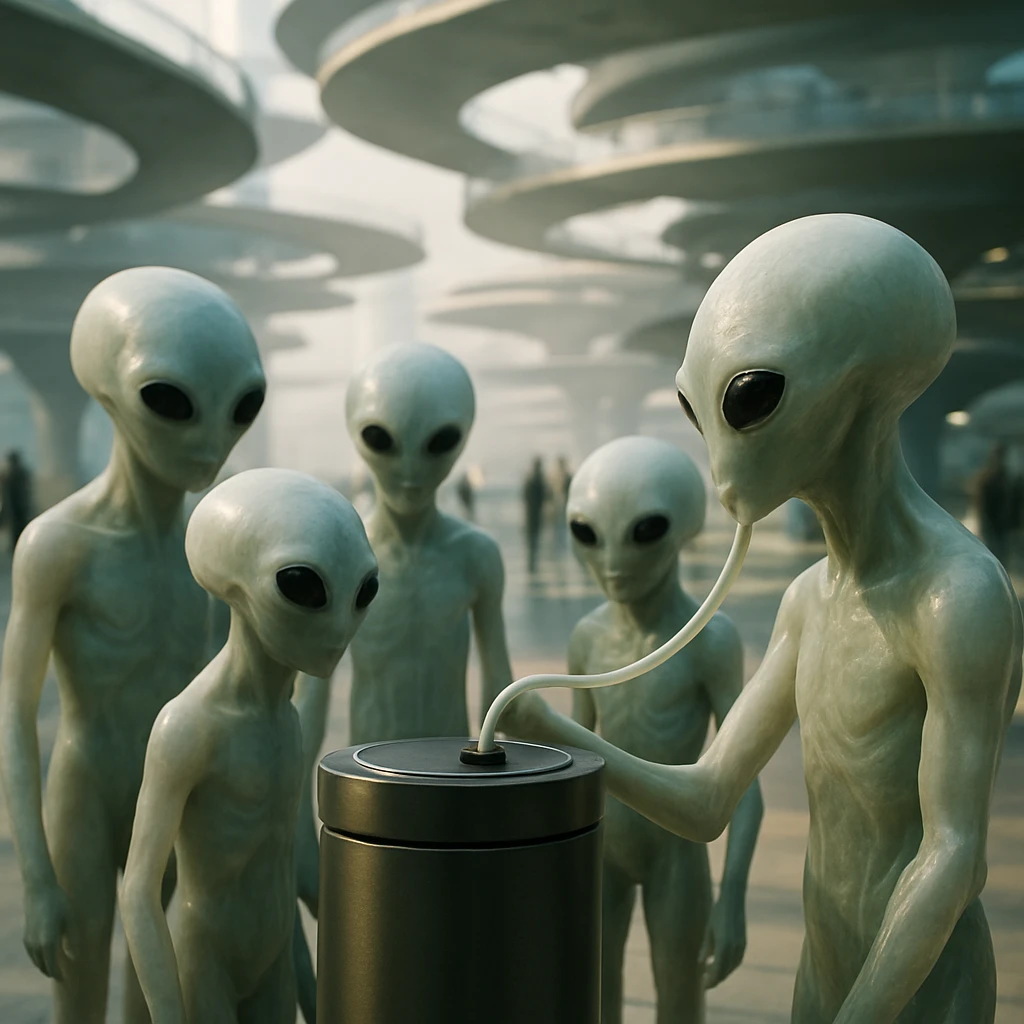 螺旋状の浮遊都市プラザで、透明感のある軟体生物たちが公衆の知識補給ステーションの周りに集まり、一人が装置と頭部の触手を接続している様子。