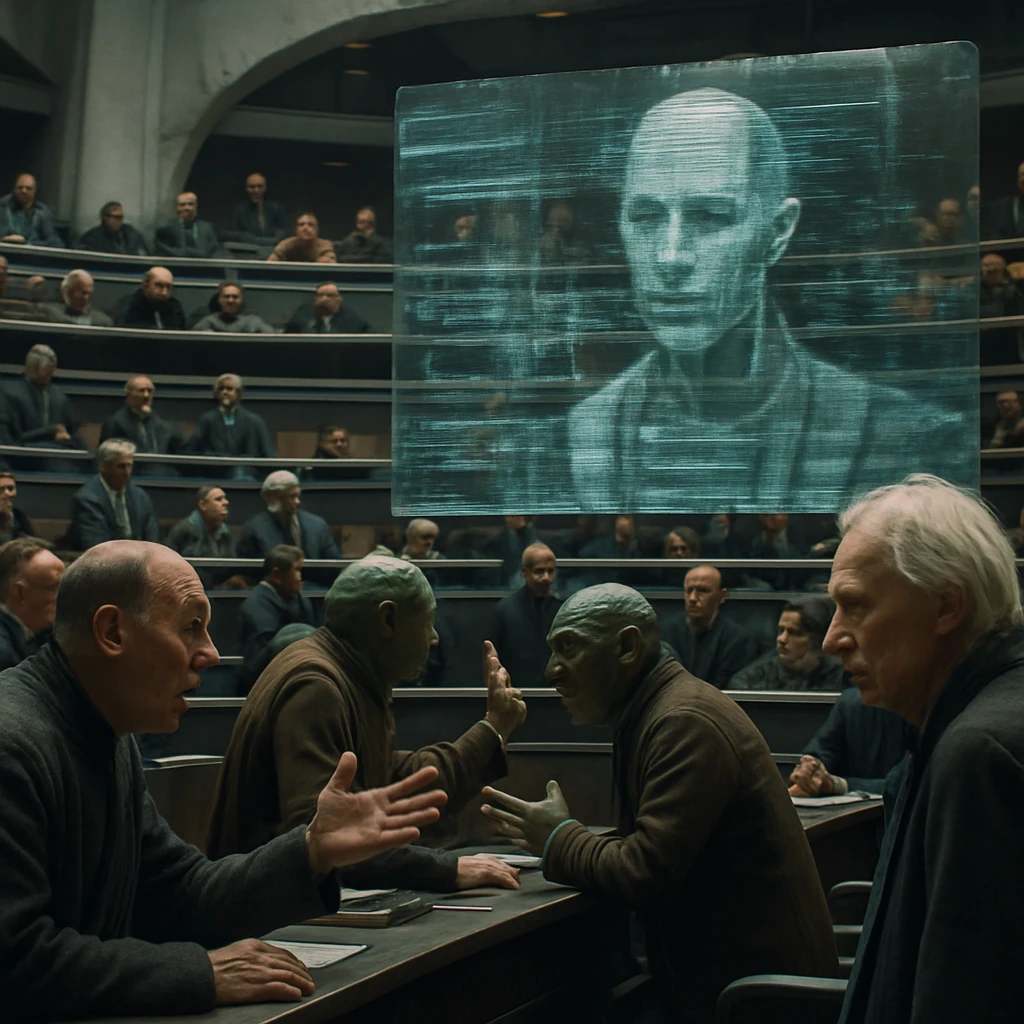 ザクラタ星系の評議会議場で委員たちが故障した大型ディスプレイ前で協議している様子の写真。