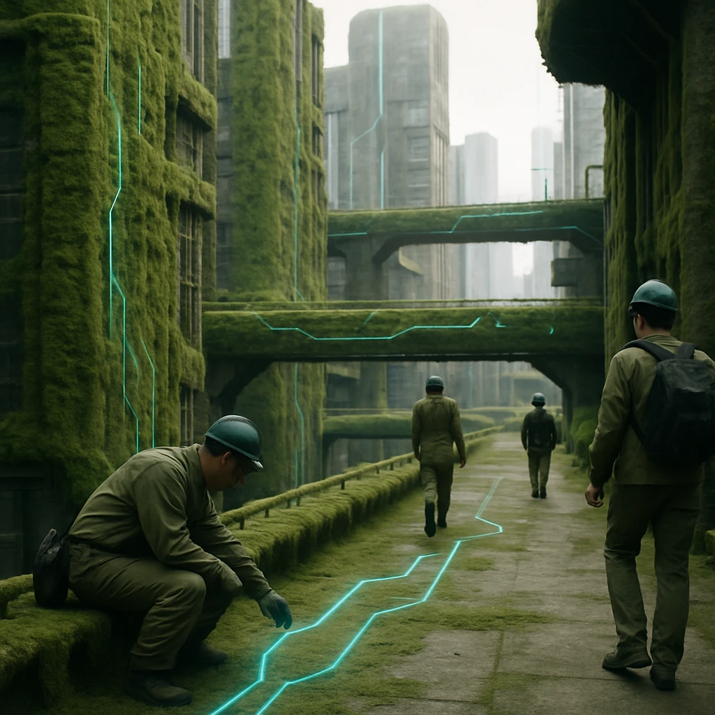都市の高層ビルや歩道が緑色の苔とエネルギー導管で覆われ、作業員が点検している未来的な都市景観の写真。