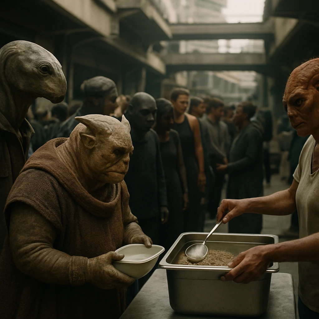 多様なヴァリリス族が支援食料パントリーで静かに列を作っている場面の写真。