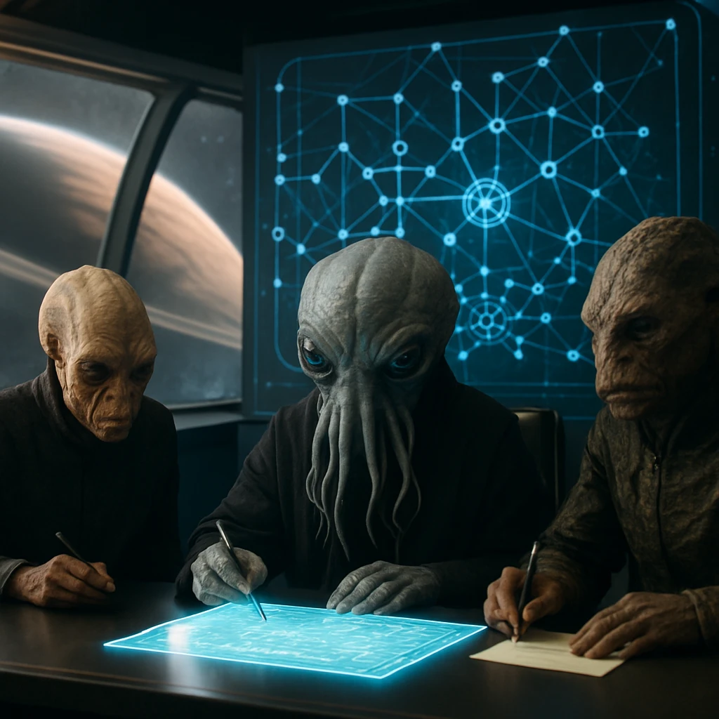 多様な異星種族の代表者が近未来的な評議会室で協定書にサインしている様子のリアルな写真。