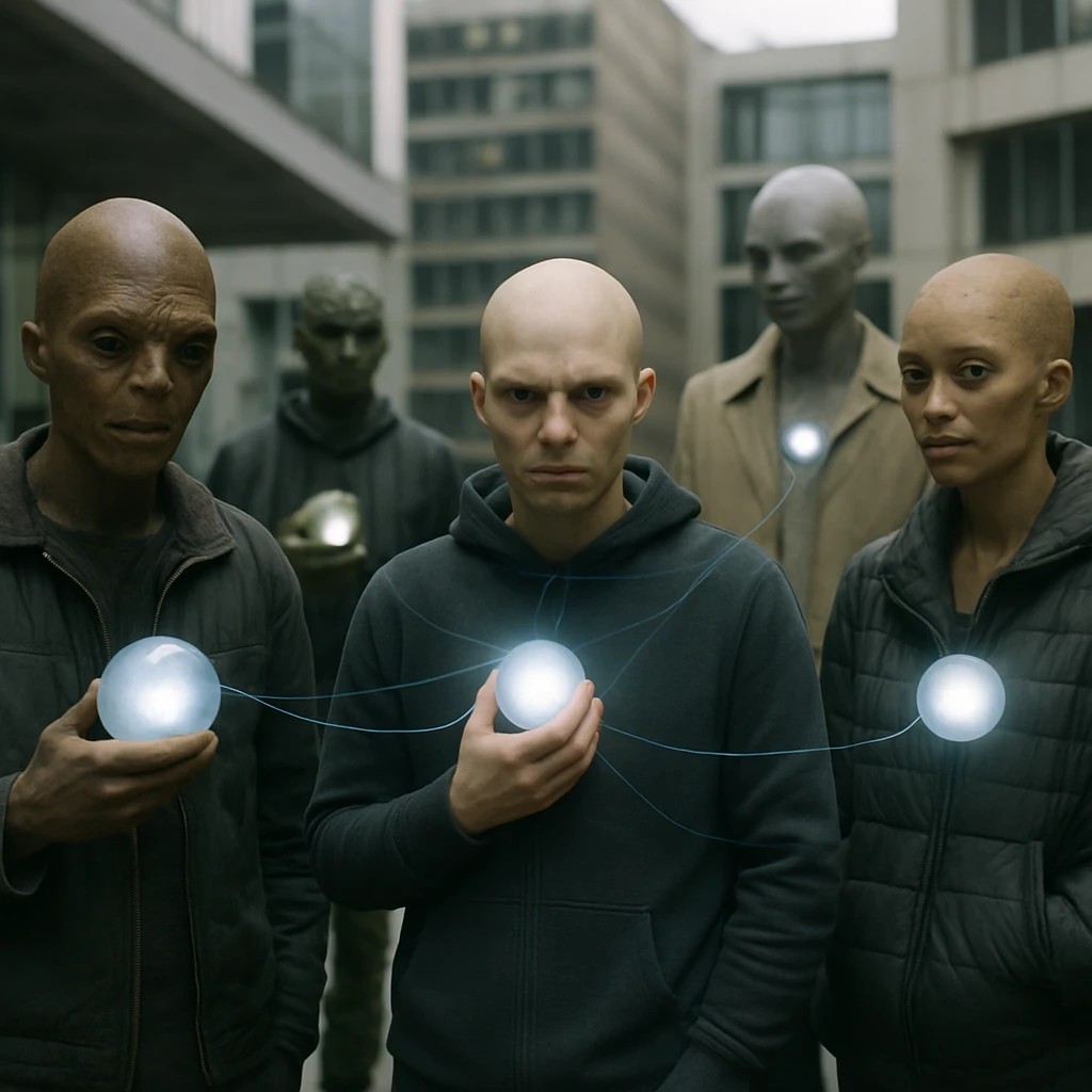 近未来的な広場で複数の種族が光る球体型デバイスを使い交流している様子の写真。