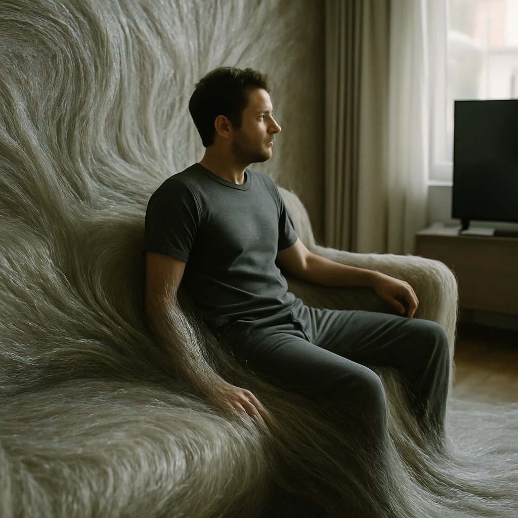 居住者の体表と有機的な繊維構造体が一体化しつつある近未来のリビングの写真。