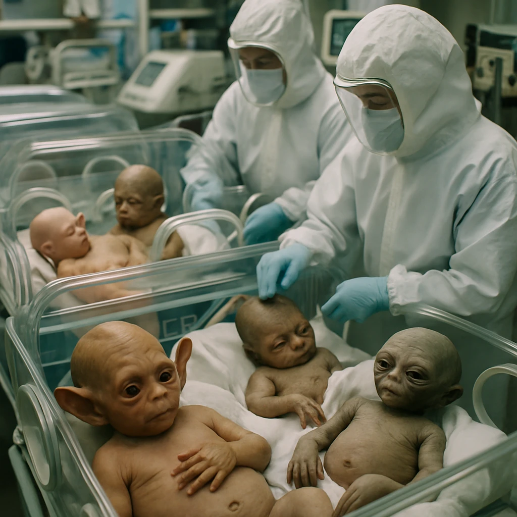 多様な身体的特徴をもつラスクィオン族の新生児たちが先端機器の並ぶ保育施設で医療スタッフに見守られている様子。